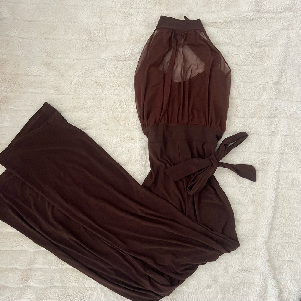 Mesh see through tie up cowl turtleneck jumpsuit